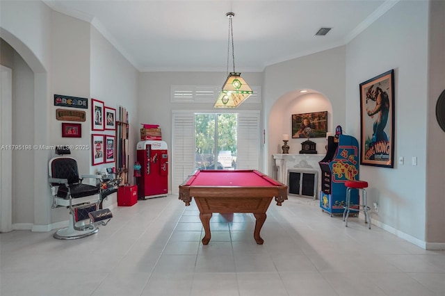 12307 NW 49th St, Coral Springs, FL 33076 - game room featuring ornamental molding, pool table, a high end fireplace, tile patterned flooring, and baseboards