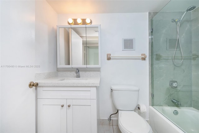 bathroom featuring shower / bath combination, vanity, toilet, and visible vents