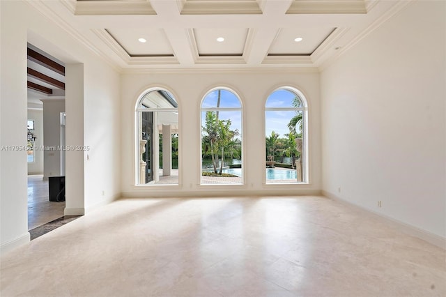unfurnished room with beam ceiling, coffered ceiling, crown molding, baseboards, and recessed lighting