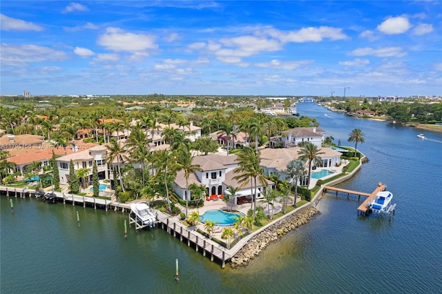 aerial perspective of suburban area with a large body of water and a pool area