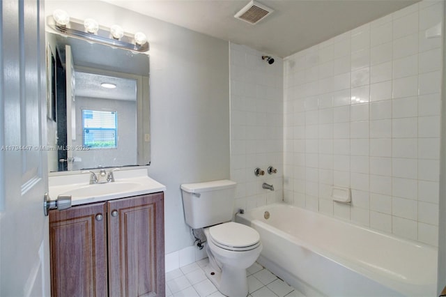 full bathroom with shower / bath combination, visible vents, tile patterned floors, vanity, and toilet