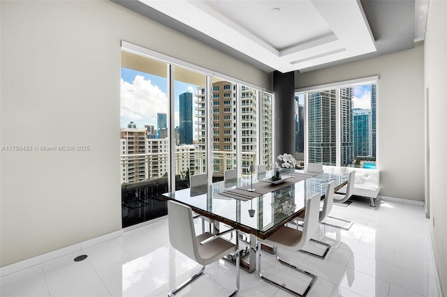 dining room with baseboards, a city view, and a tray ceiling