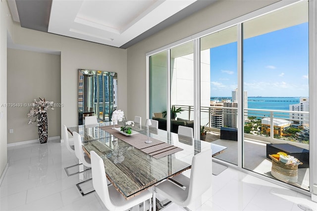 dining area with a water view, baseboards, a wealth of natural light, and a raised ceiling