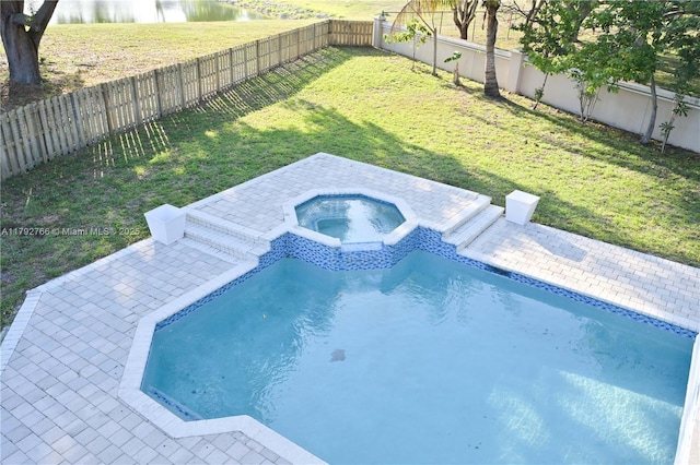 6777 NW 44th Ct, Coral Springs, FL 33067 - view of swimming pool with a water view, an in ground hot tub, a fenced backyard, a yard, and a fenced in pool