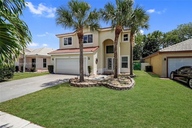 2093 NW 208th Ter, Pembroke Pines, FL 33029 - mediterranean / spanish-style house with a tile roof, a front lawn, a garage, stucco siding, and concrete driveway