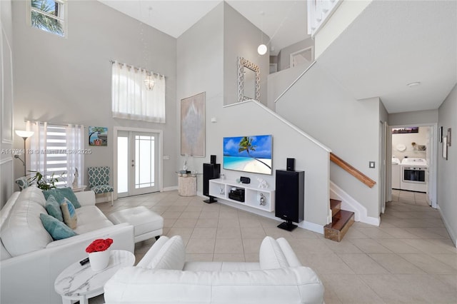 2093 NW 208th Ter, Pembroke Pines, FL 33029 - living area with stairway, tile patterned floors, a high ceiling, and baseboards