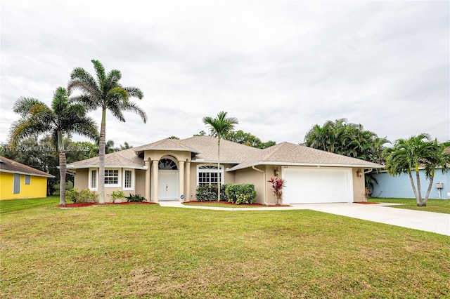 ranch-style home featuring a garage, a front lawn, stucco siding, and driveway