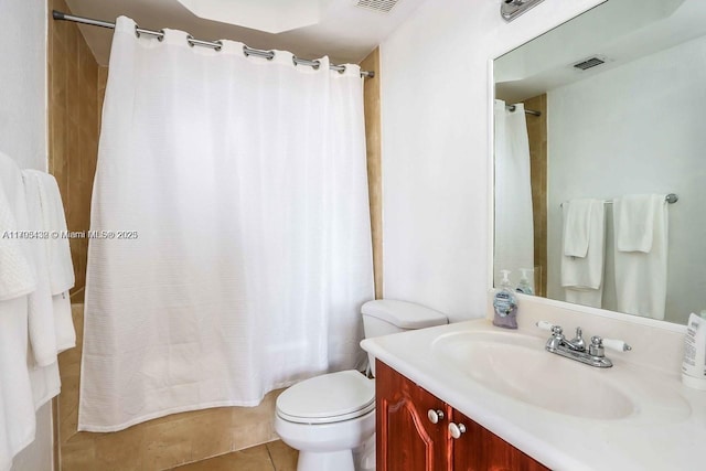full bath featuring visible vents, tile patterned flooring, toilet, and vanity