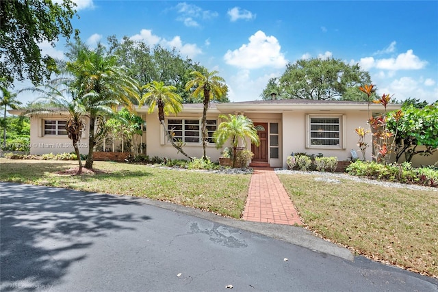 ranch-style home with stucco siding and a front yard