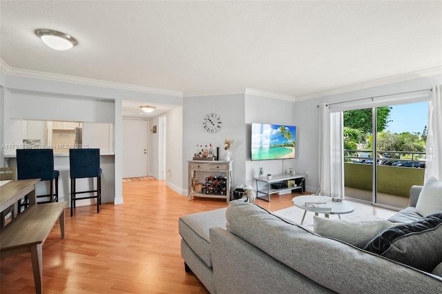living area featuring baseboards, ornamental molding, and light wood-style flooring