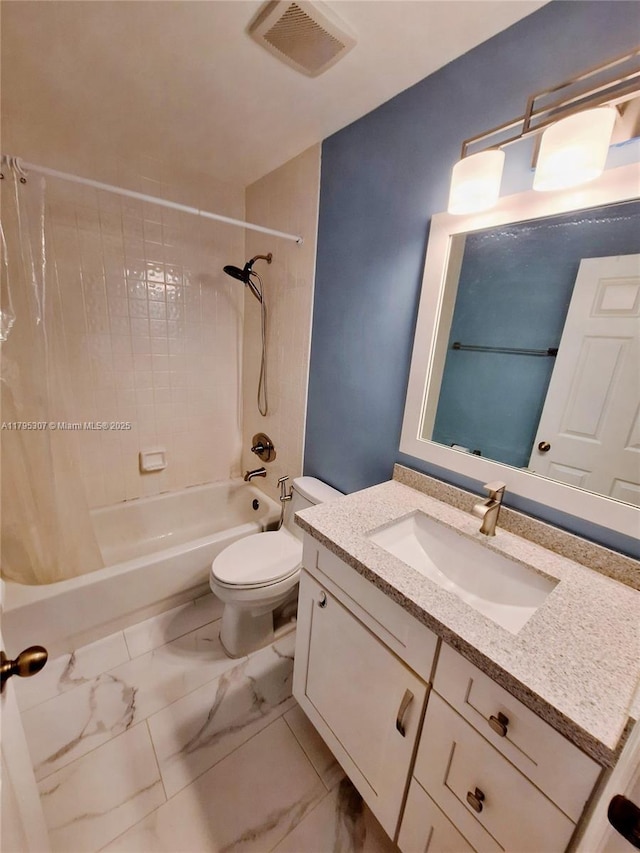 bathroom with visible vents, shower / tub combo, vanity, toilet, and marble finish floor