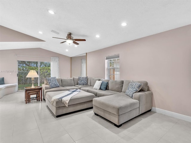 102 Gables Blvd, Weston, FL 33326 - living room featuring vaulted ceiling, plenty of natural light, ceiling fan, recessed lighting, and light tile patterned flooring