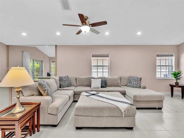 102 Gables Blvd, Weston, FL 33326 - living room with recessed lighting, ceiling fan, light tile patterned floors, and baseboards