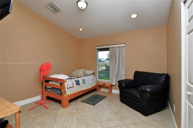 bedroom featuring baseboards, recessed lighting, light tile patterned floors, and visible vents