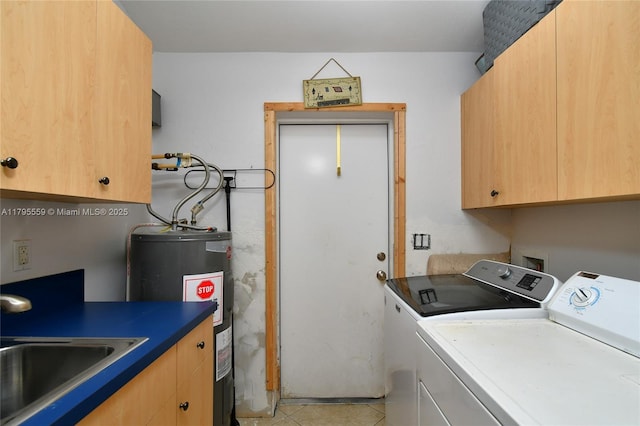 laundry room with light tile patterned flooring, a sink, separate washer and dryer, water heater, and cabinet space