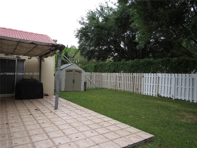 view of yard featuring a storage unit, a fenced backyard, a patio area, and an outbuilding