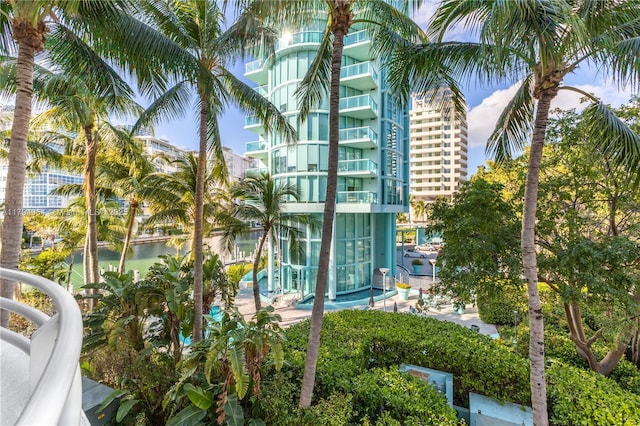 view of building exterior with a water view