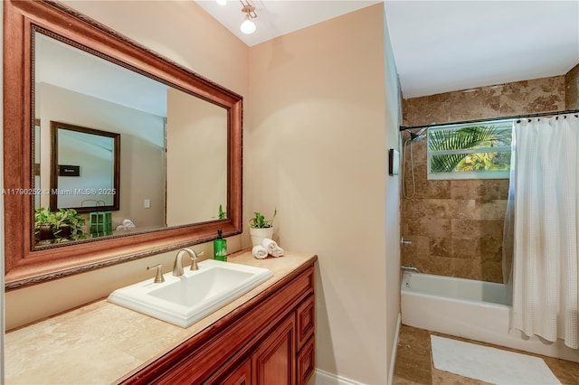 full bathroom with vanity and shower / bathtub combination with curtain