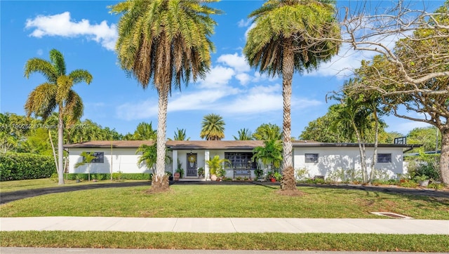 ranch-style house with a front yard and stucco siding