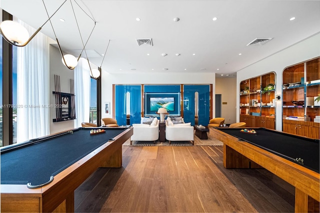 rec room featuring pool table, recessed lighting, wood finished floors, and visible vents