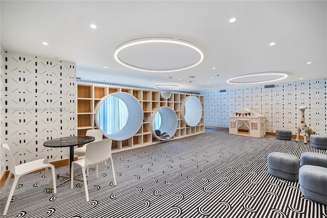interior space featuring recessed lighting, carpet flooring, and wallpapered walls