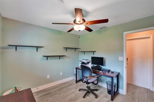office with visible vents, baseboards, ceiling fan, and wood finished floors
