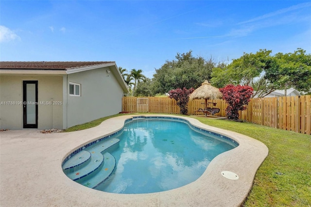 view of swimming pool with a fenced in pool, a lawn, a fenced backyard, and a patio area