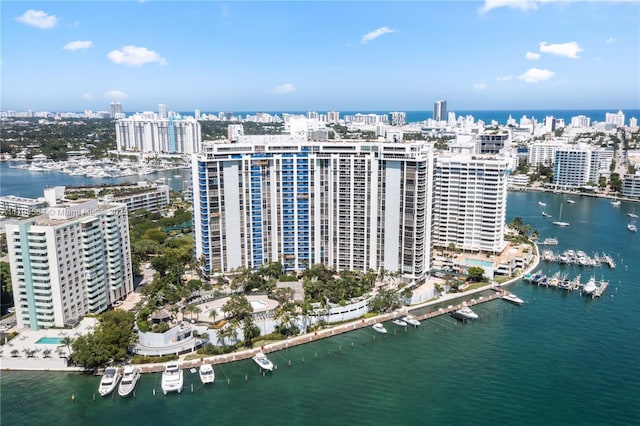 aerial view featuring a water view and a city view