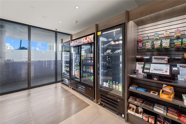 wine room with expansive windows