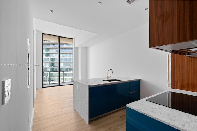 kitchen featuring a sink, a peninsula, light wood-style flooring, and expansive windows