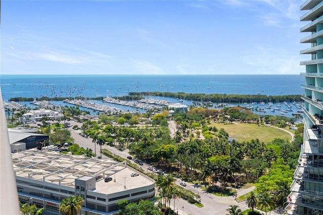 aerial view featuring a water view