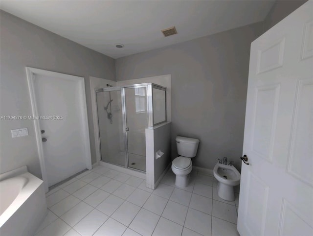 full bath featuring tile patterned flooring, a bidet, toilet, and a shower stall