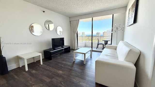 3300 NE 192nd St Unit Ph09, Aventura, FL 33180 - living area featuring dark wood-style flooring, a textured ceiling, floor to ceiling windows, and baseboards