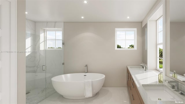 626 Malaga Ave, Coral Gables, FL 33134 - full bathroom with double vanity, a marble finish shower, a soaking tub, and recessed lighting