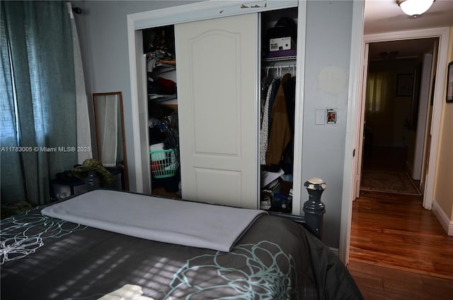 bedroom with wood finished floors and a closet