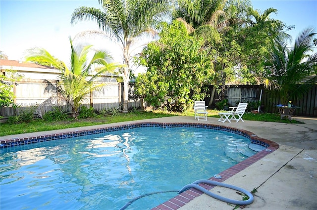 view of pool with a fenced backyard, a fenced in pool, and a patio