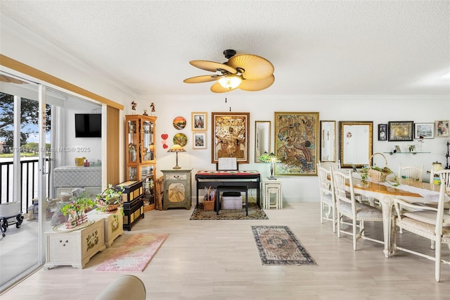 interior space with a wood stove, ornamental molding, wood finished floors, a textured ceiling, and a ceiling fan