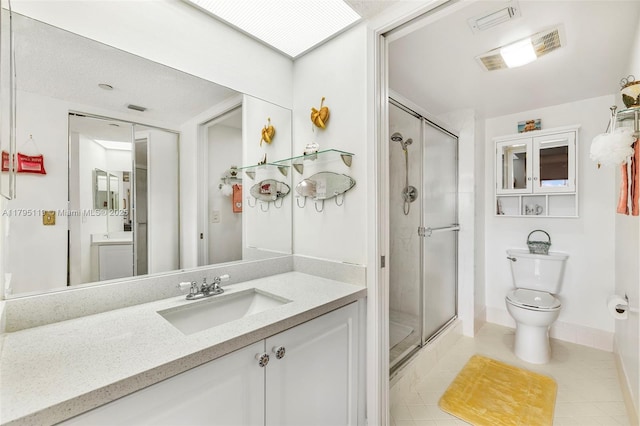bathroom with tile patterned flooring, vanity, toilet, a shower stall, and visible vents