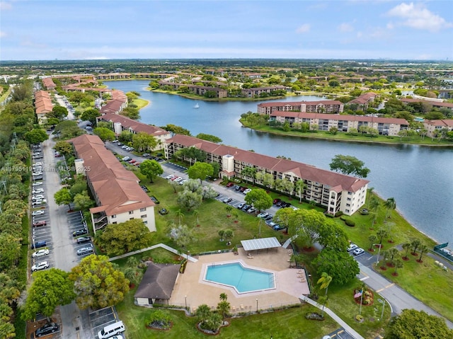 bird's eye view with a water view