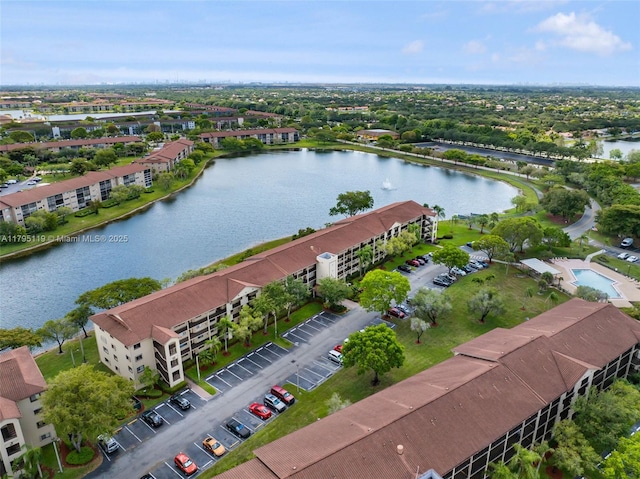 aerial view featuring a water view