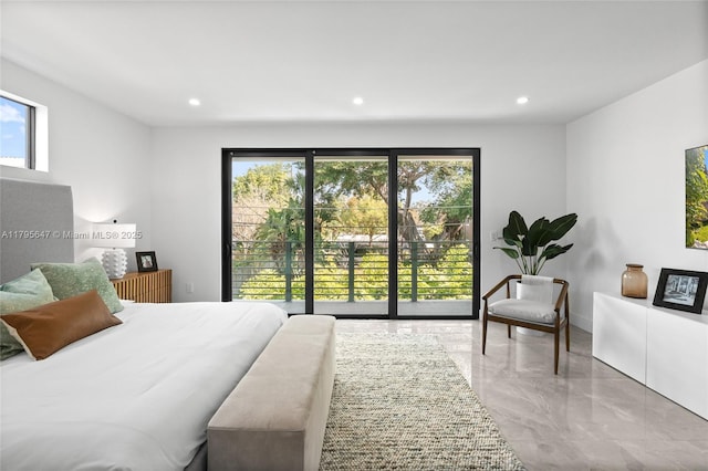 bedroom with marble tiled flooring, access to exterior, and recessed lighting