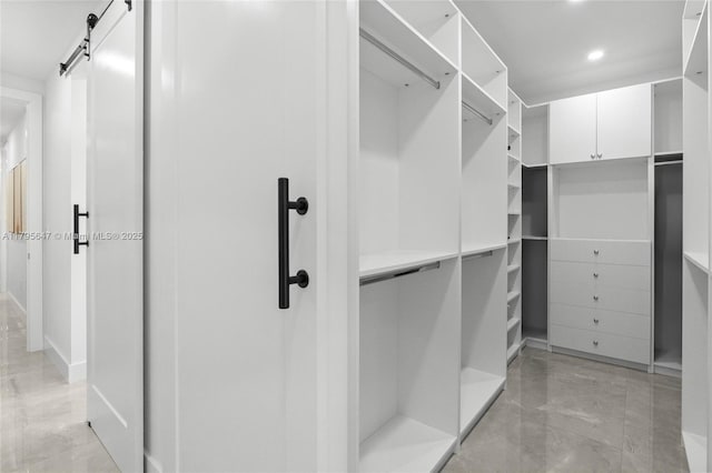 spacious closet with a barn door