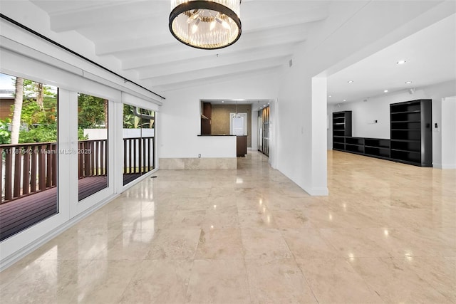 interior space with recessed lighting, baseboards, lofted ceiling with beams, and a chandelier