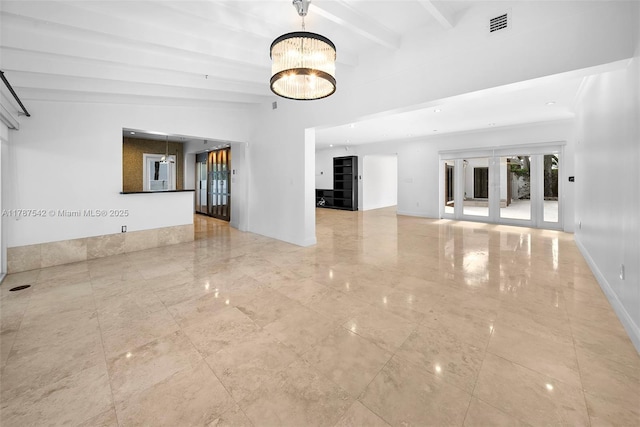 interior space featuring visible vents, tile patterned flooring, beam ceiling, baseboards, and a notable chandelier