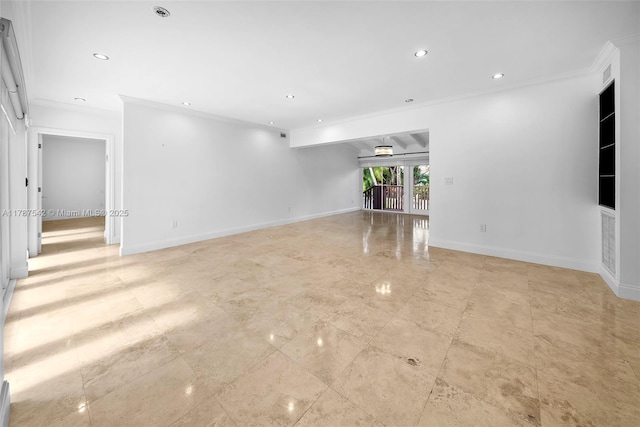unfurnished living room with baseboards, ornamental molding, and recessed lighting