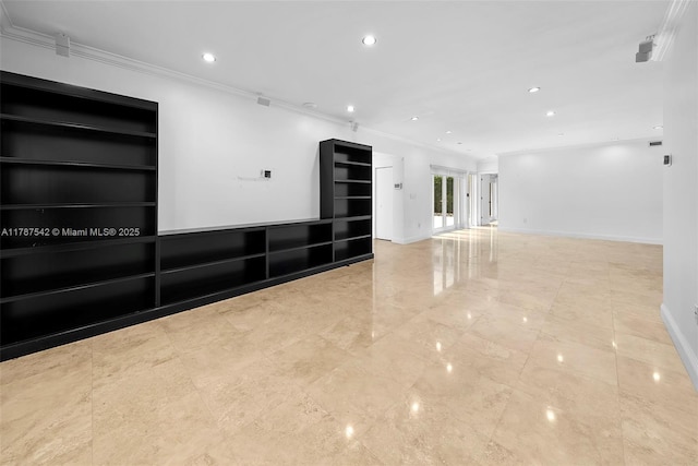 spare room featuring recessed lighting, baseboards, and ornamental molding
