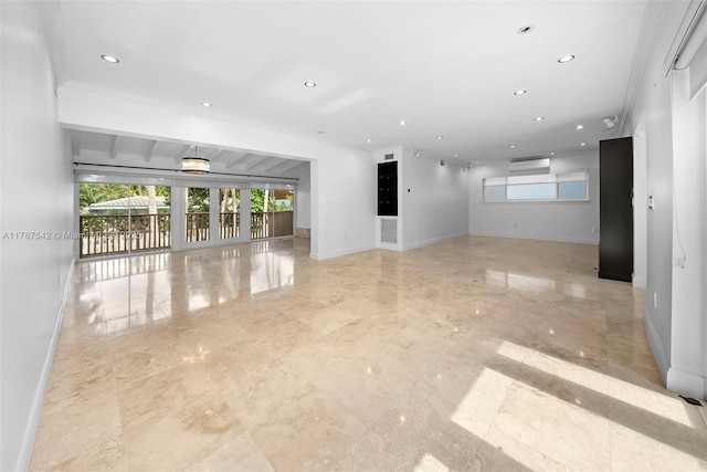 empty room with baseboards, ornamental molding, a wall mounted AC, and recessed lighting