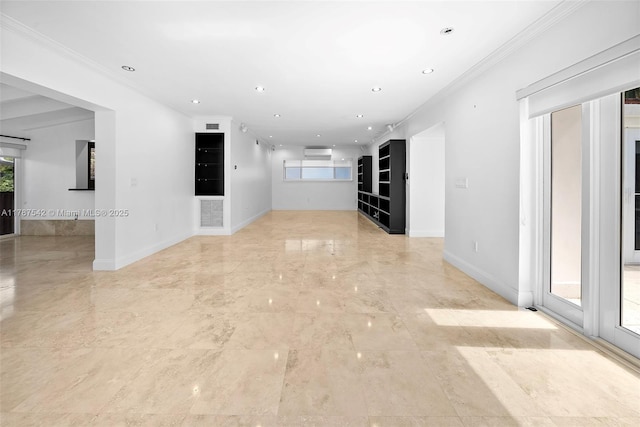 empty room featuring crown molding, recessed lighting, baseboards, and marble finish floor
