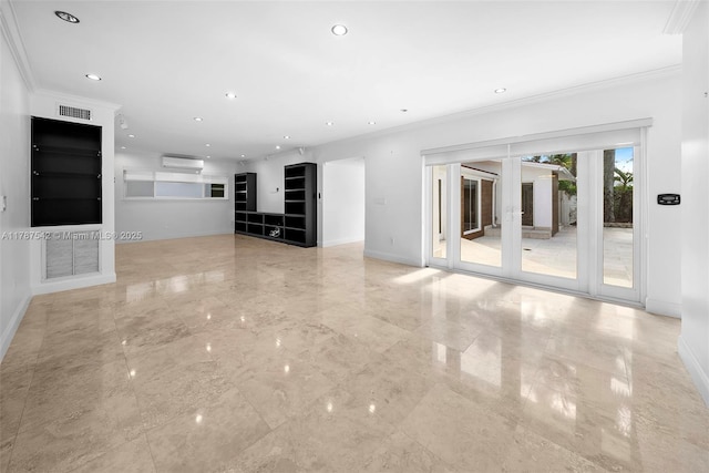 unfurnished living room with baseboards, ornamental molding, and recessed lighting
