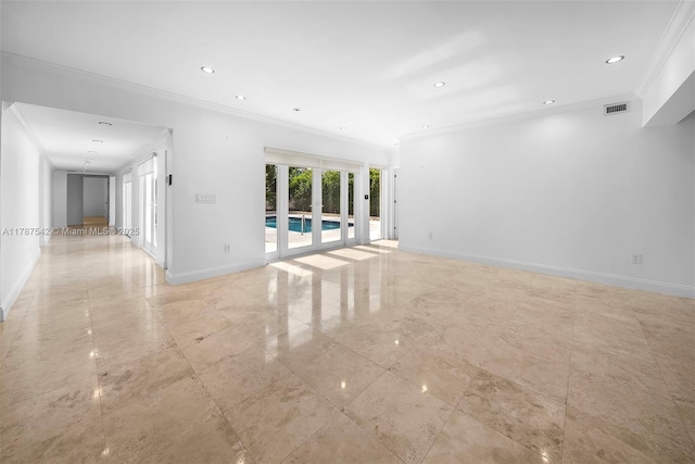 unfurnished living room featuring crown molding, baseboards, recessed lighting, and visible vents
